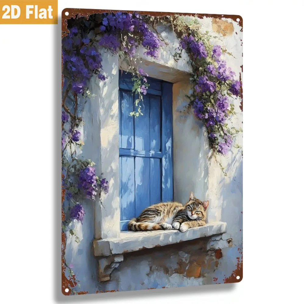 Vintage Metal Tin Sign, Tabby Cat Sleeping On Window Sill With Purple Bougainvillea Wall Decor For Home Garden