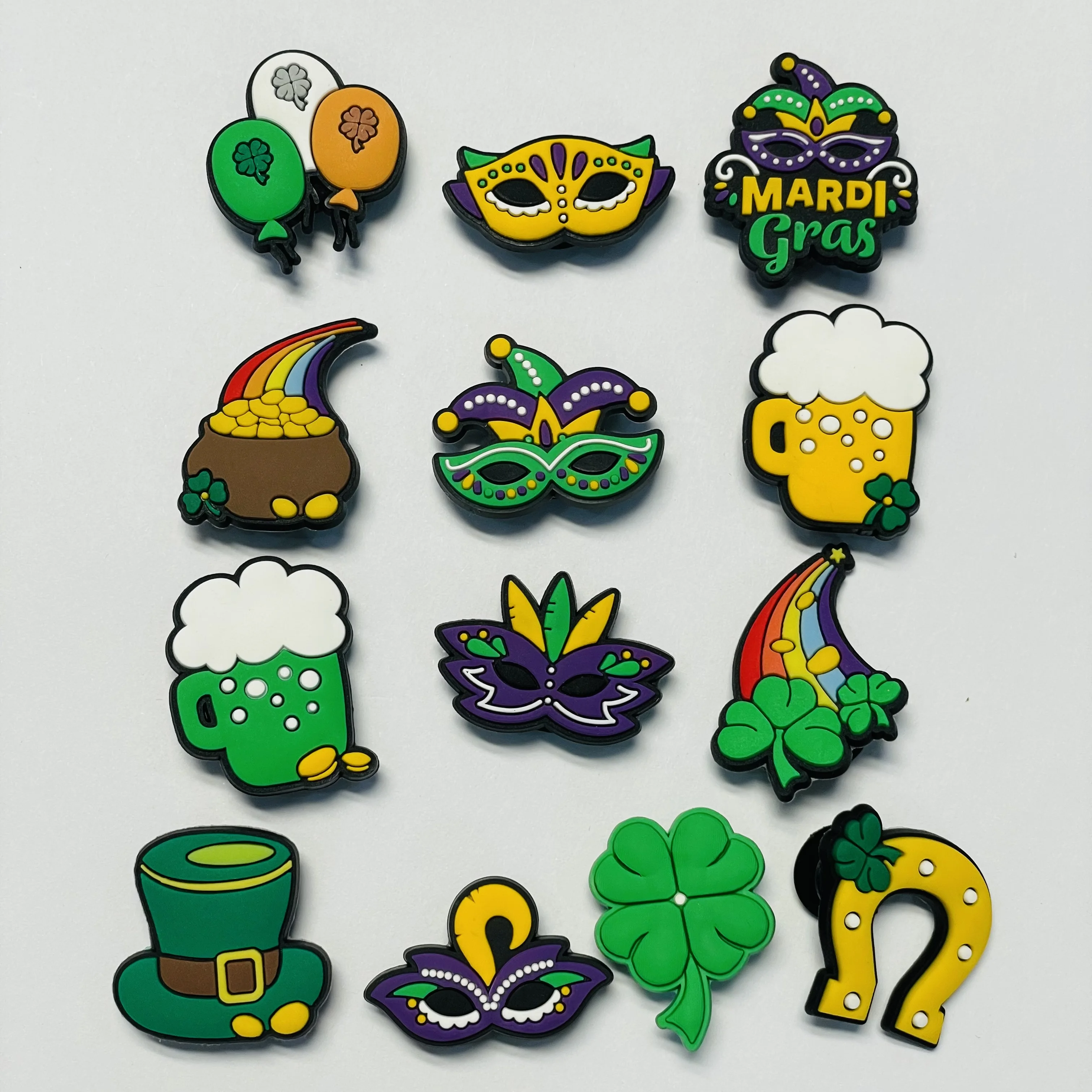 New 1-13pcs PVC Shoe Charms Mardi Gras Mask Beer Four-leaf Clover Hat Hole Slipper Accessories Shoes Ornament For Children Gift