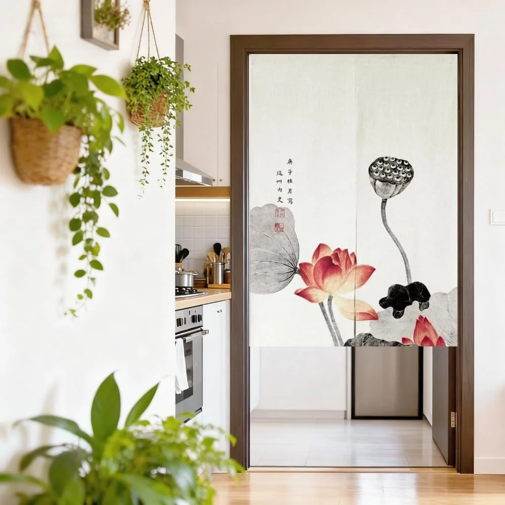 VIKAMA Vintage Warm Curtain Door Screen Divider, Bedroom Bathroom Living Room Privacy Screen, Modern Japanese Style