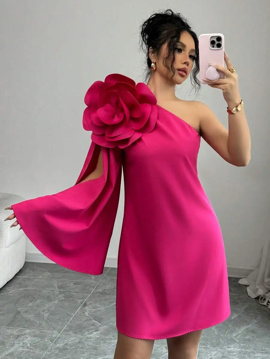 

Elegant 3D Floral One Shoulder Flare Sleeve Mini Dress For Women