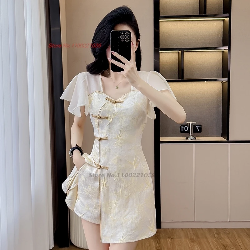 

2025 chinese nightclub dress sexy qipao cheongsam improved jacquard qipao dress+shorts set hotel spa work dress beauty uniform