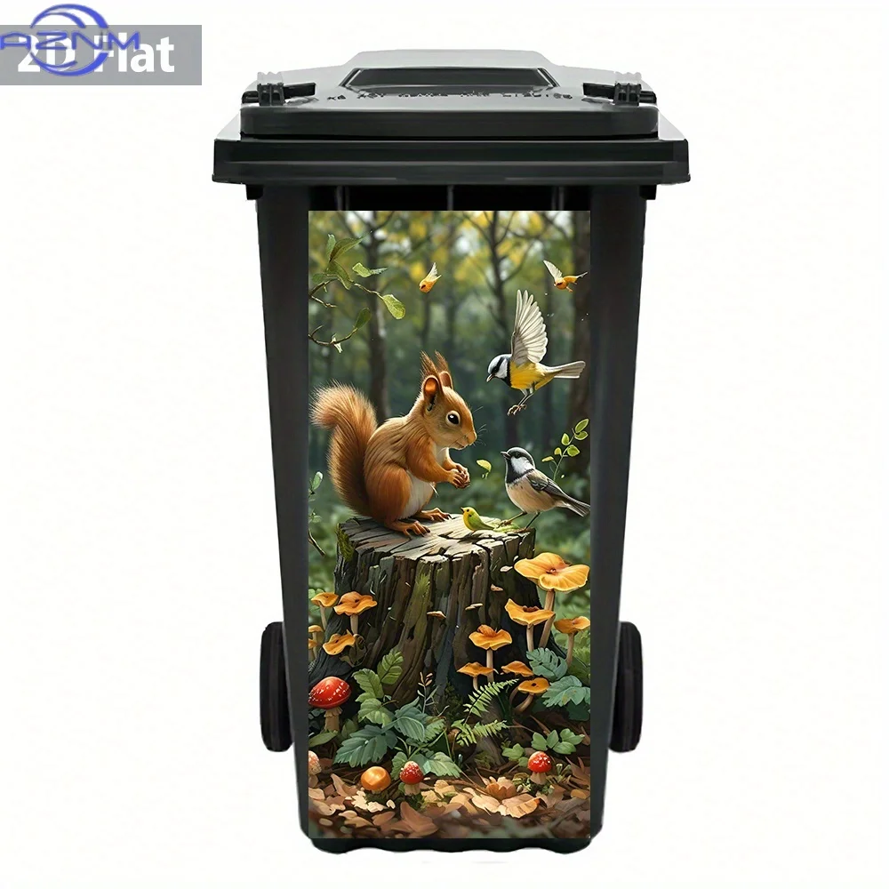 2D Flat Forest Squirrel & Birds Eco - Trash Can Sticker – Waterproof, Removable Adhesive, Nature Scene, Lively Vibe, Bin Makeo