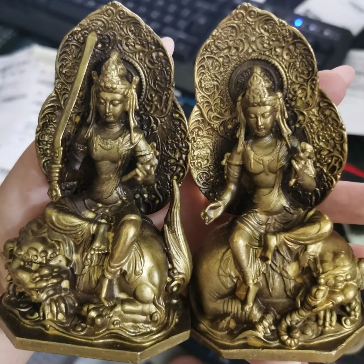 Bronze Copper A Pair of Sword Holding Green Tara and Manjushri Bodhisattva Statue Buddhist Decorative Sculpture Collection