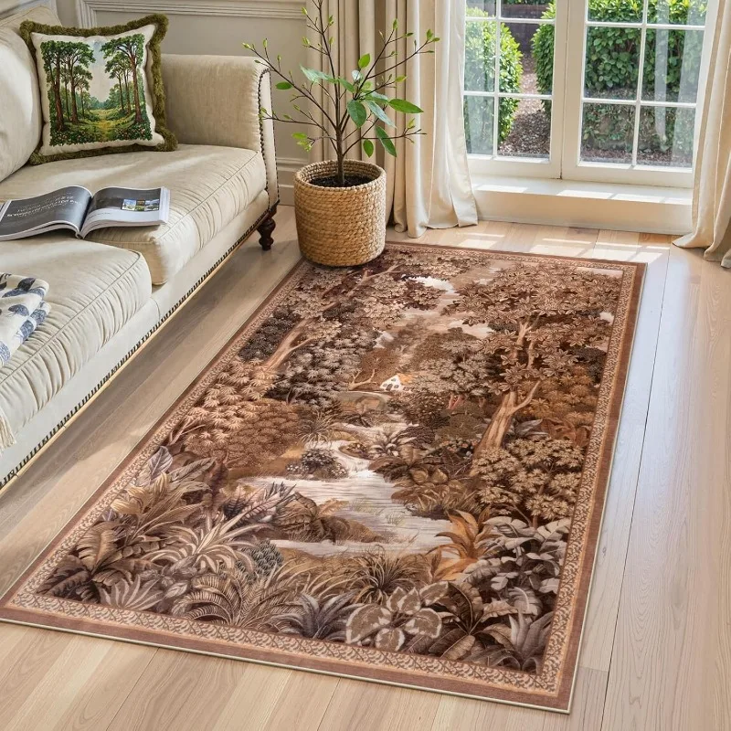 

Vintage Brown Living Room Carpet Jungle Farmhouse Illustration Bedroom Rug Machine Washable Non-slip Coffee Table Sofa Mat Tapis