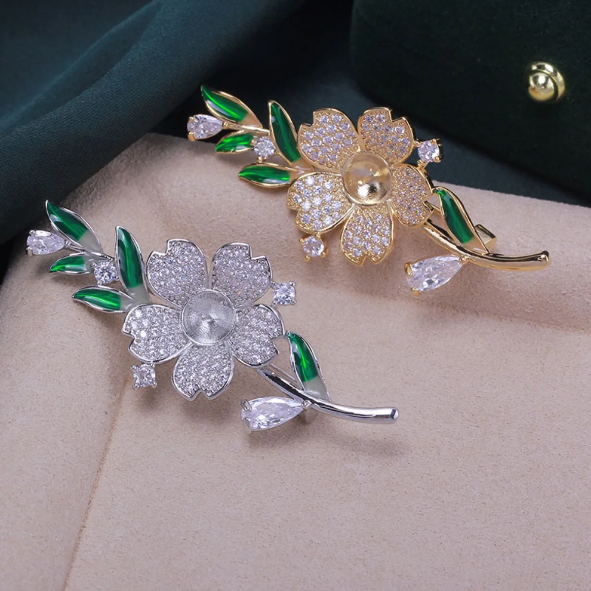 DIY Brooch Blank Brass Gold Plated Enamel Leaf Flower Branch, Micro Pave Zircon Pin Base, Pearl Brooch Setting for Women Corsage
