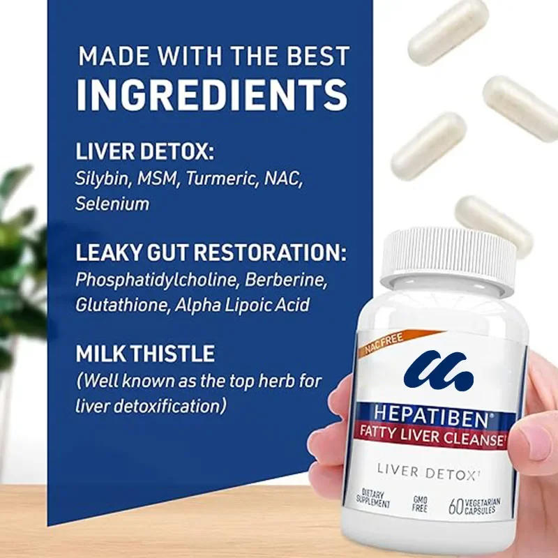 Hepatiben liver detoxification supplement contains herbal milk thistle, turmeric, aspartic acid, and L-glutathione