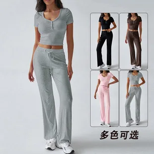 

Women Casual Sports 2-piece Set 2025 Summer Solid Color Round Neck Short-sleeved T-shirt Trousers Set Fashionable Slim Clothing