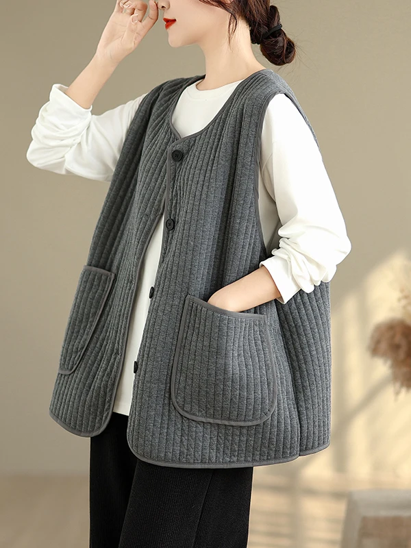 

Autumn Winter Retro Lightweight Vertical Stripe Texture Stitched round Ne Layering Quilted Cotton Vest Versatile Faionable