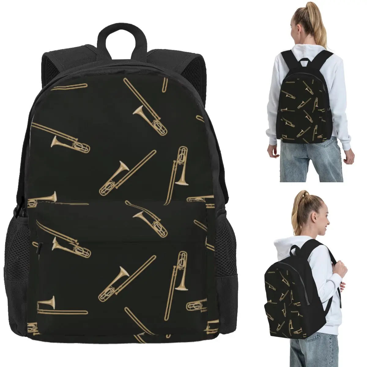 

Trombone On Black Backpack Daypack Large Capacity Kids BookBag School Bag Shoulder Bags for Men Women