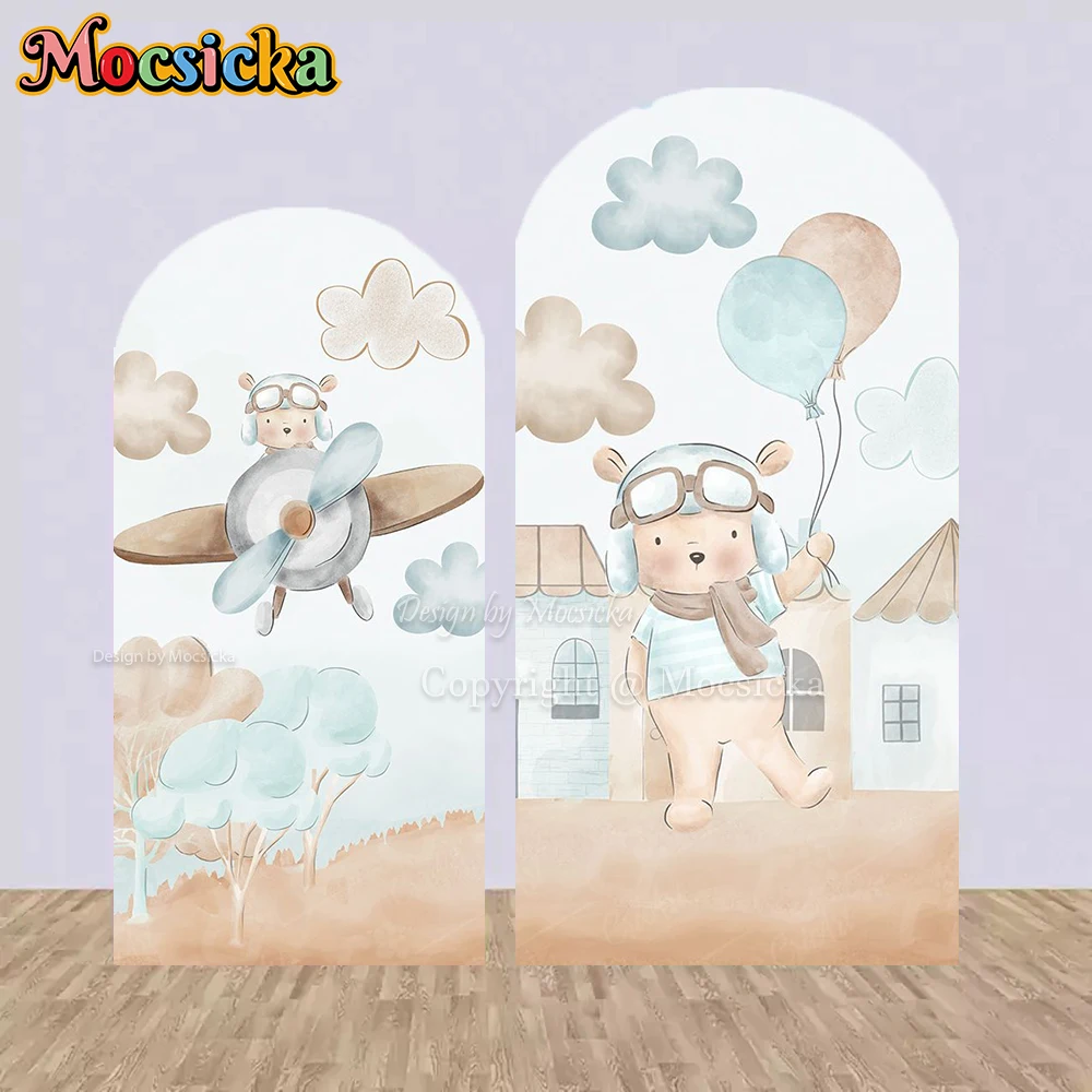 Mocsicka Bear Baby Shower Arched Backdrop Cover Hot Air Balloon Airplane Travel Adventure Background Boy Birthday Party Photo