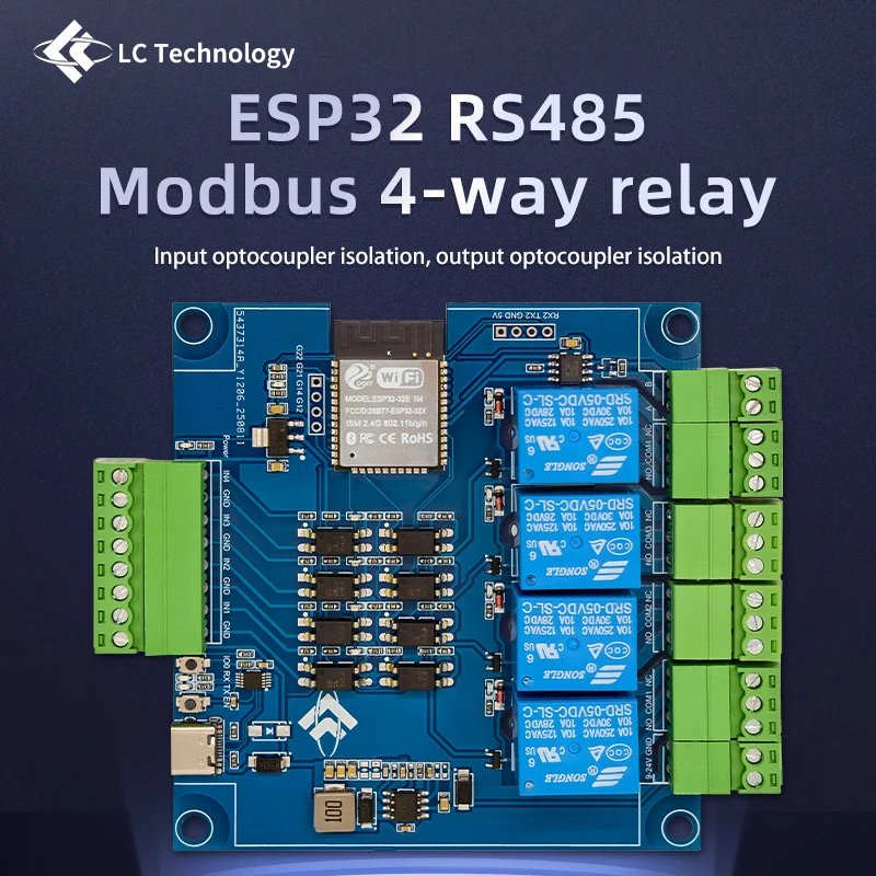 Esp32 Modbus Four-Way Relay Rs485 4 Input 4 Output Optocoupler Isolation Can Be Matched with Enclosure