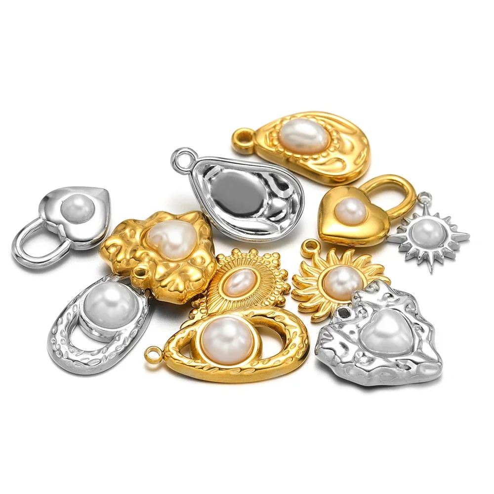 5pcs Stainless Steel Imitation Pearl Heart Irregular Charms Pendant Bulk for DIY Girl Necklace Crafts Jewelry Making Accessories