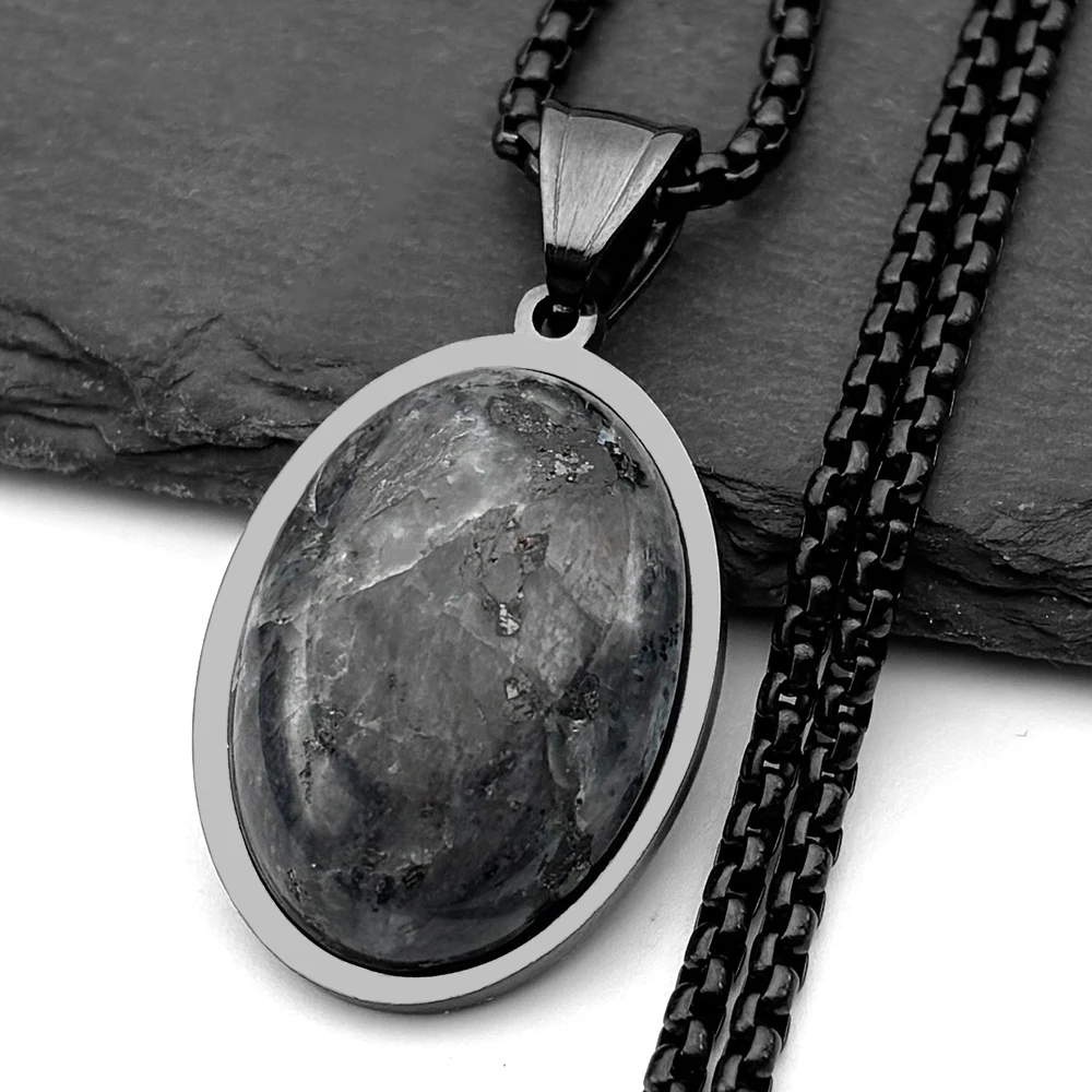 Schwarze Glas-Oval-Anhänger-Halskette für Damen und Herren, Gold-Silber-Farbe, Edelstahl, Heilstein-Kette, Schmuckgeschenk
