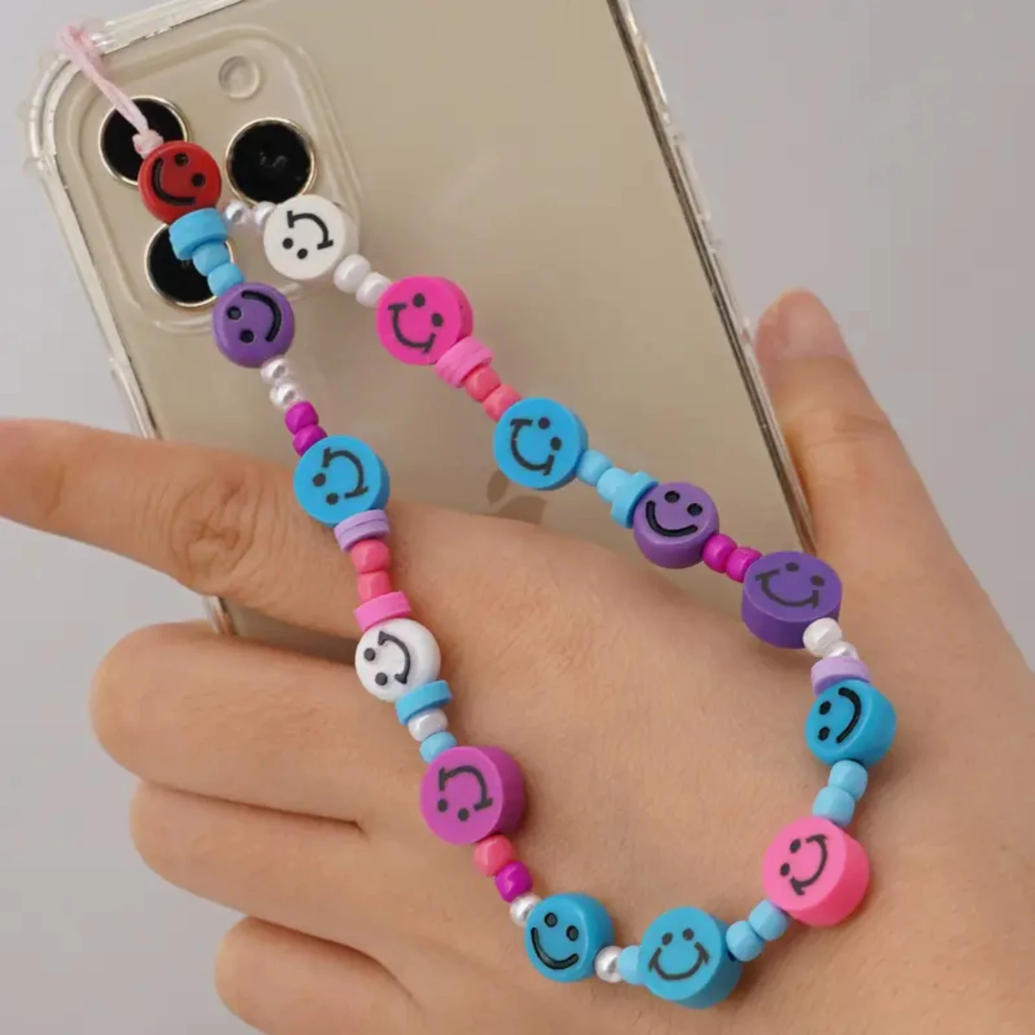 1PC Colorful Beaded Happy Face Phone Chain, Phone Strap, Phone Charm Handmade Accessory