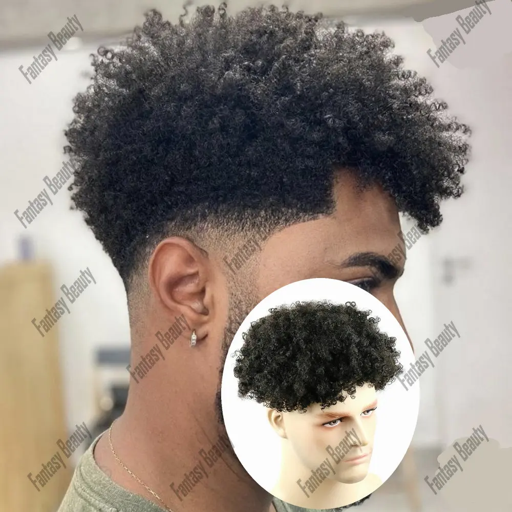 8mm Afro keriting pria prostesis 100% rambut manusia Wig injeksi kulit tipis Pu dasar rambut palsu untuk pria Wig sistem hiasan rambut