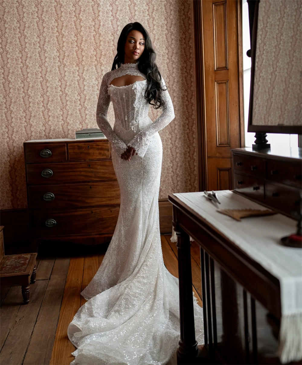 

Customized Dreamy White Lace Bridal Gown Classic Sweetheart Long Sleeves Wedding Dress Formal Mermaid Court Train Robe de mariée