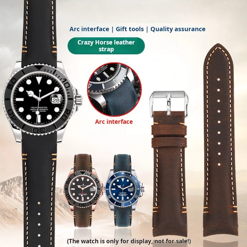 Arc Crazy Horse Genuine Leather Watchband For Rolex Black Green Water Ghost Seiko Omega Tissot Curved Cowhide Watch Strap 20 22m