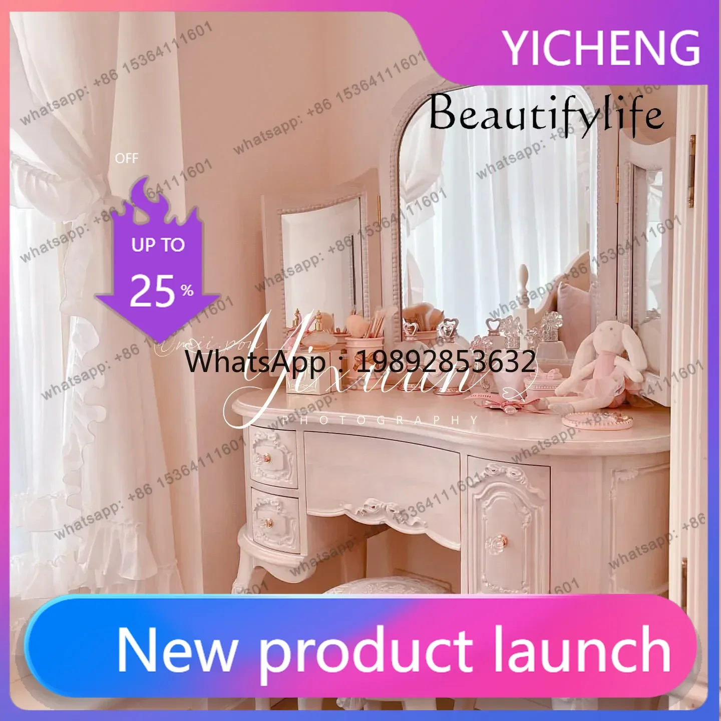 

LYY French solid wood pink bedroom pink princess style dressing table American engraved flower with mirror dressing table