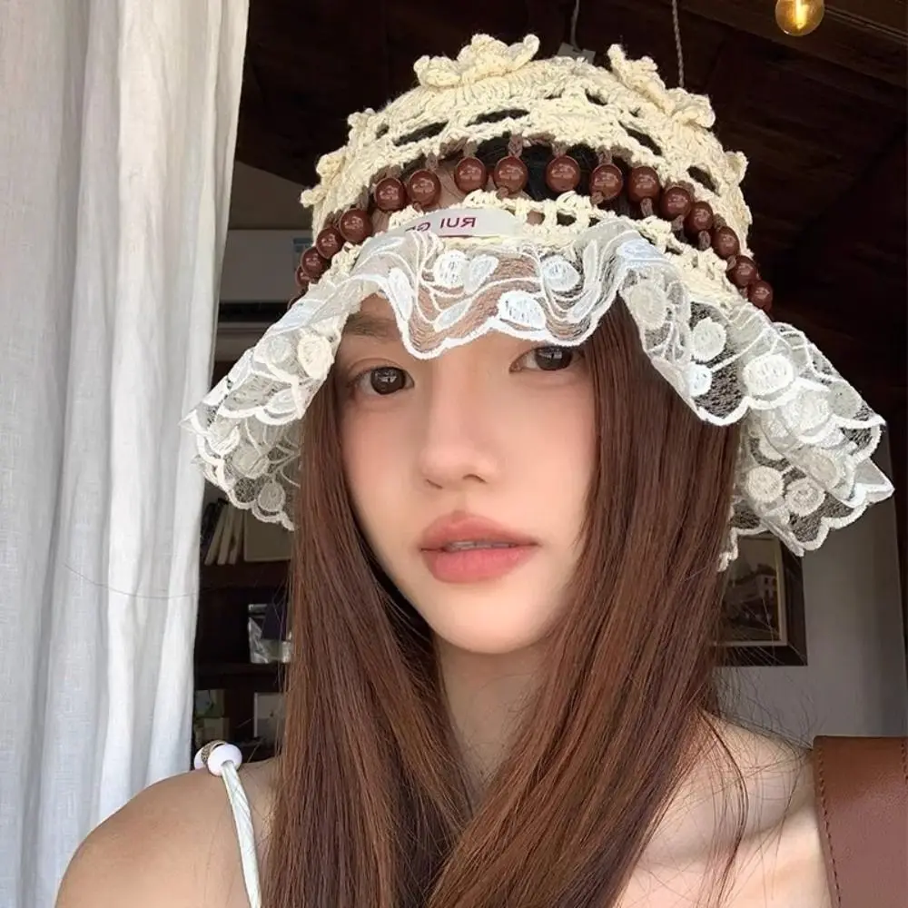 

Retro Handmade Crochet Bucket Hat Hollow Ruffles Beads Knitted Hat Women Summer Weave Basin Caps Ladies