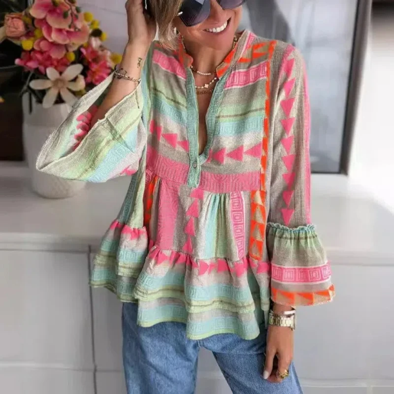 2024 Women\'s Summer New Patchwork Pullover V-neck Printing Flare Sleeve Folds Fashion Slim Casual Long Sleeved Blouses Shirts