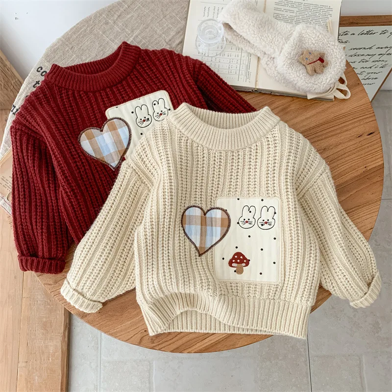 2024 Winter Toddler Baby Girls Sweater Velvet Cartoon Rabbit Mushroom Kid Girls Pullover Knitted Patchwork Heart 1-6Y Girls Tops