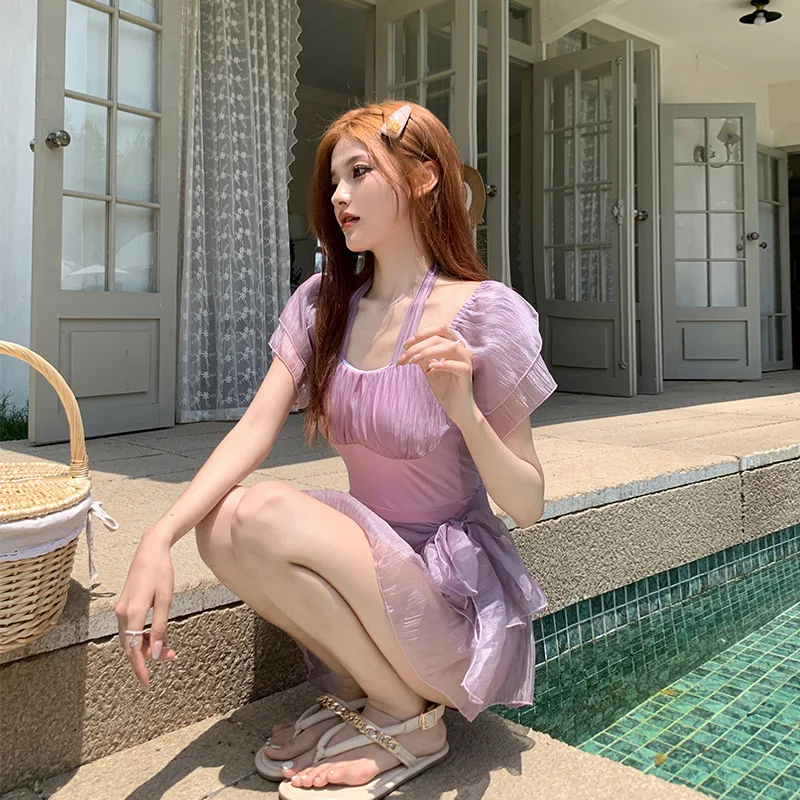 Sweet Cute Elegant Swimwear Women One Piece Skirt Purple Halter Slim Fit Short Sleeve High Waist 2024 Summer Beach Bathing Suit