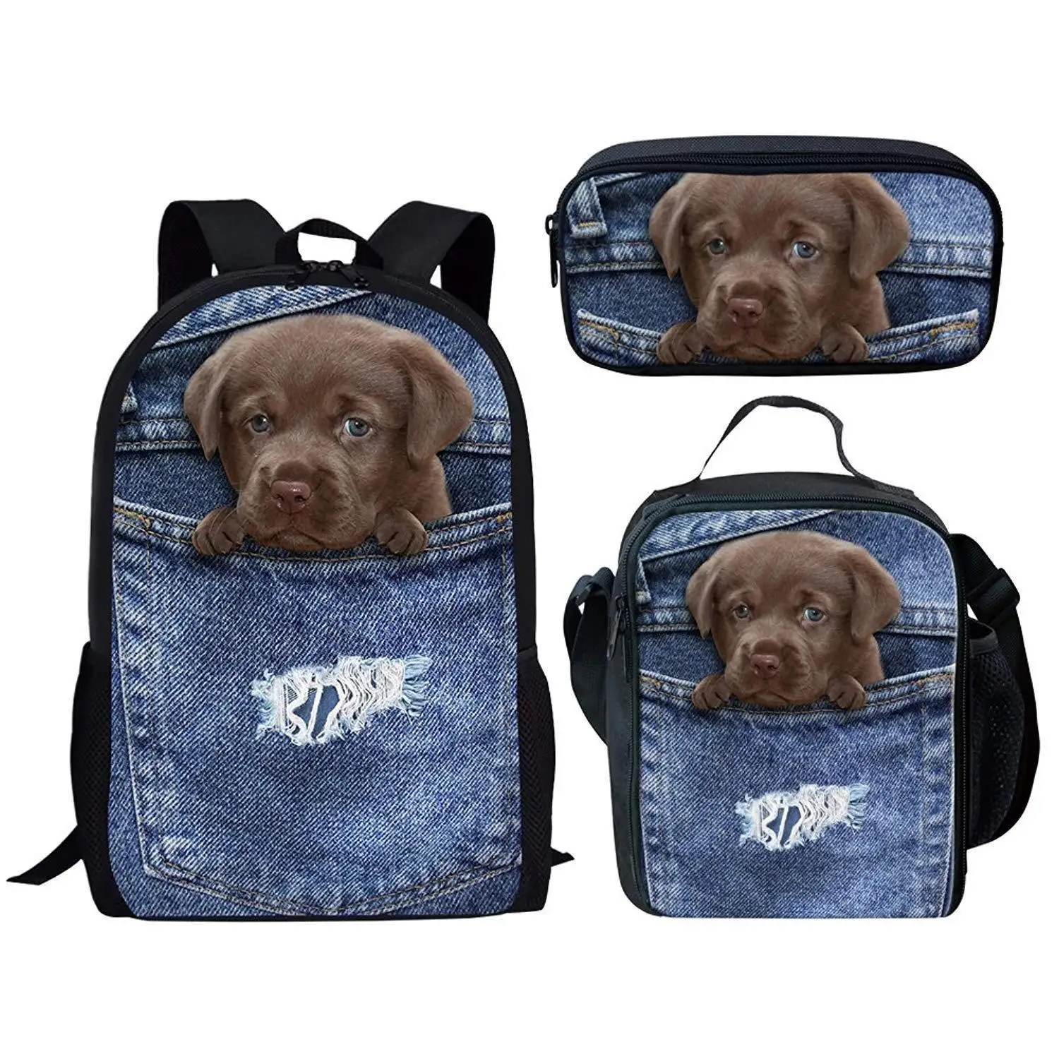 Cartoon Denim Pocket Cat/Dog 3pcs/Set Backpack 3D Print School Student Bookbag Anime Laptop Daypack Lunch Bag Pencil Case 2026