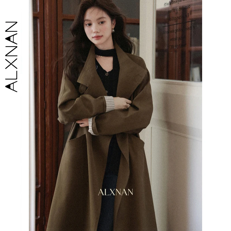 ALXNAN Fashion Vintage Long Trench Coat Women Autumn Winter Brown Loose-fit Coats 2026 Casual Elegant Female Windbreaker L57566