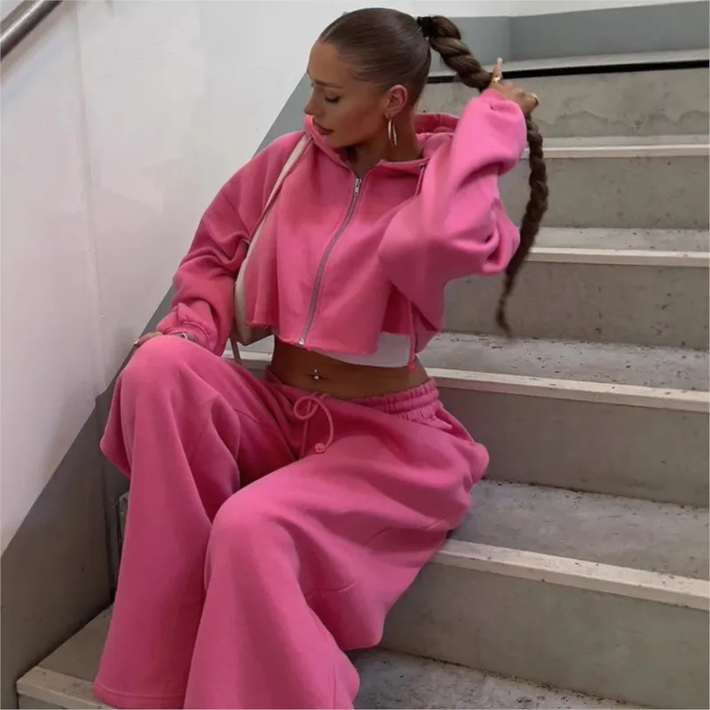 Women Hooded Zip-up Cropped Sweatshirt and Long Pants 2 Piece Sets 2026 Autumn Casual Hoodies Sweatpants Suit Tracksuits