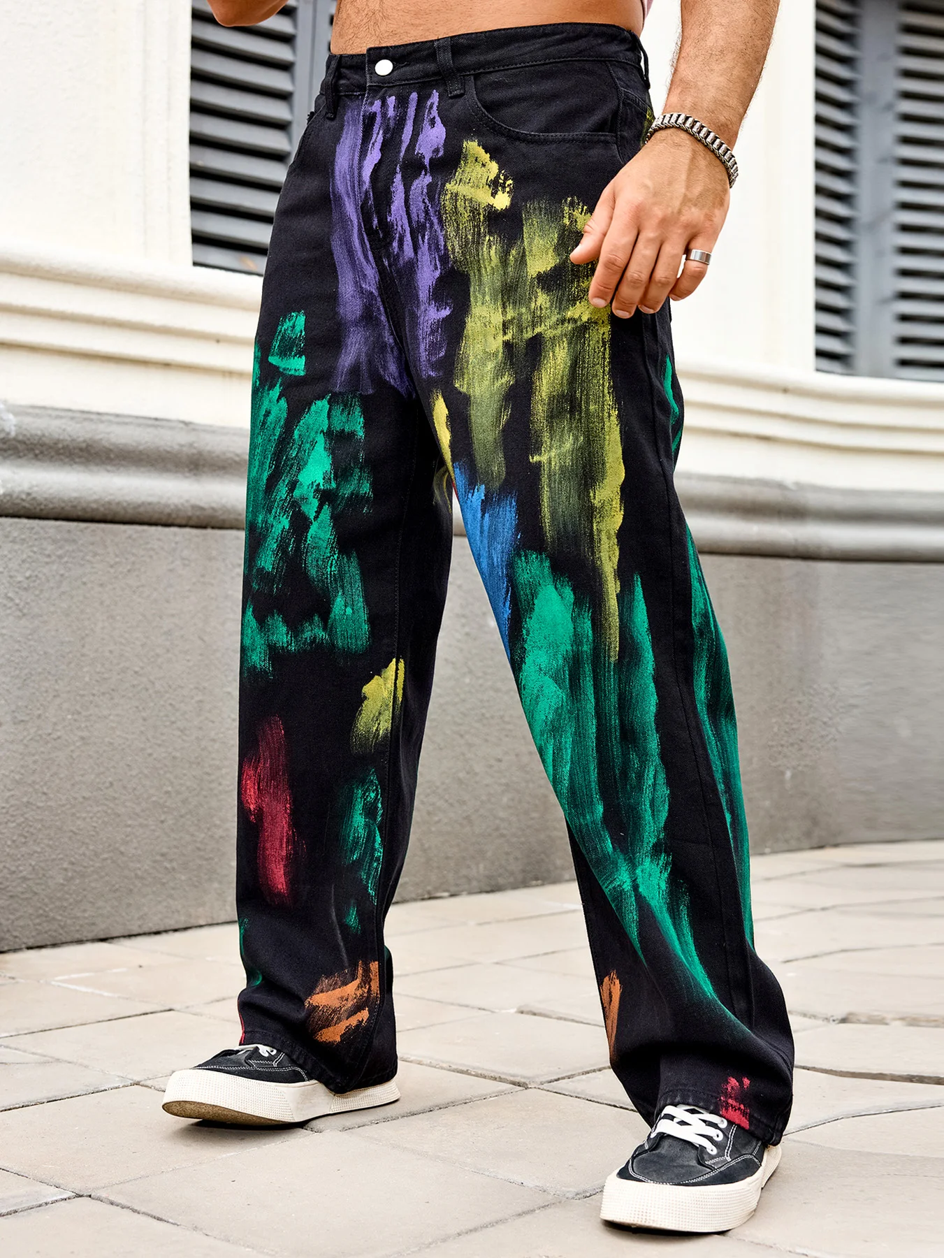 

Мужские свободные брюки с красочной росписью и черные джинсы, повседневная уличная одежда, прямые джинсовые брюки, всесезонный размер XS-XL