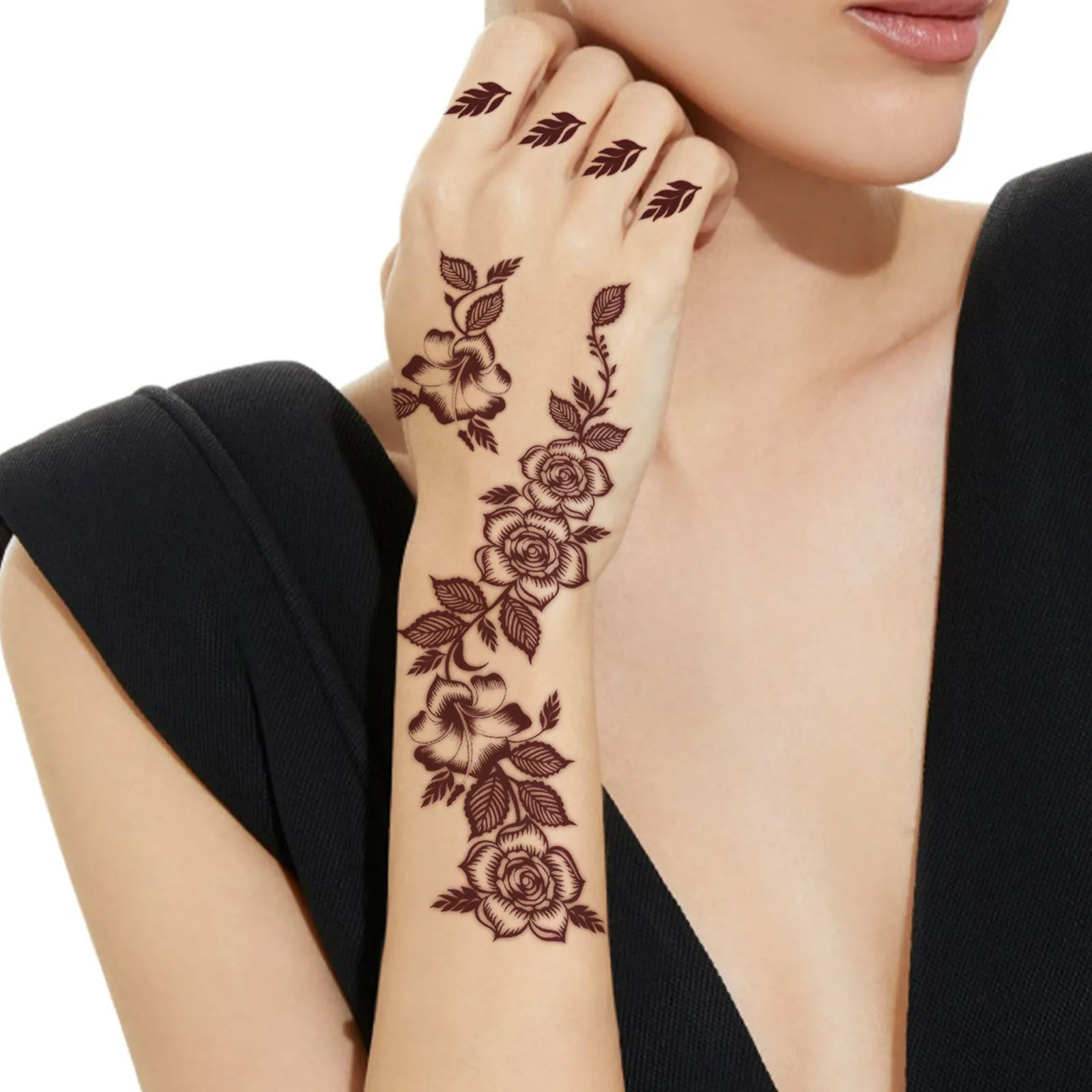 Red Henna Floral Temporary Tattoo Sticker for Hand Back, Rose Pattern Body Art, Easy to Apply and Remove