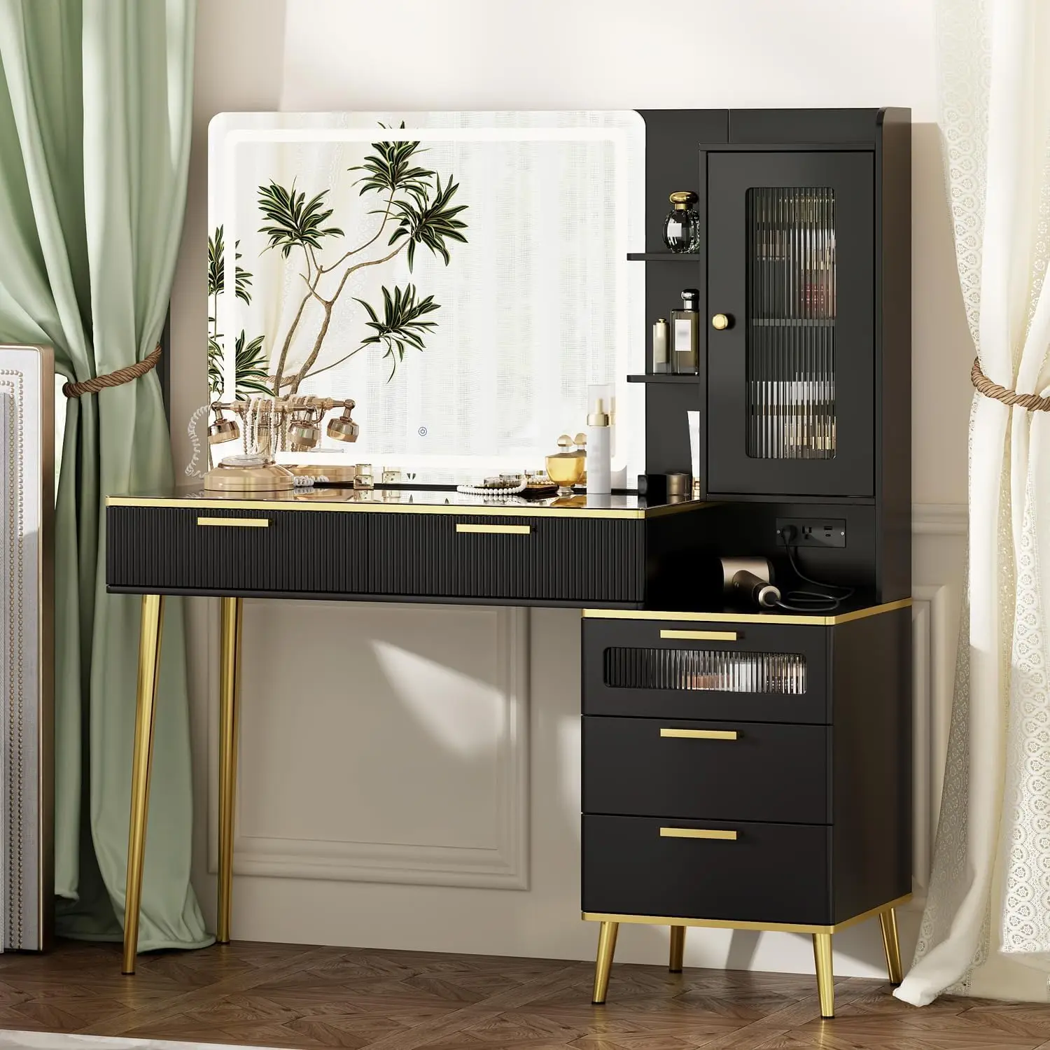 Modern Vanity Desk with Mirror, Lights, 5 Drawers, Storage Shelves & Power Outlet, Black