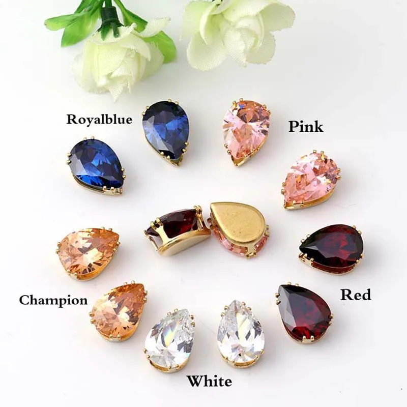 10x14mm 10pcs/pack Drop Top Quality Multicolour Natural Zircon, Golden Base Super Flash Sew on Stones, Diy/Jewellery Accessories