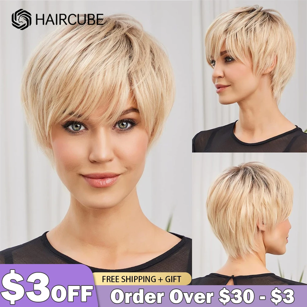 HAIRCUBE Human Hair Wigs Pixie Cut Straight Wigs With Bang Ombre Blonde Layered Short Bob Wigs for Women Glueless Human Hair Wig