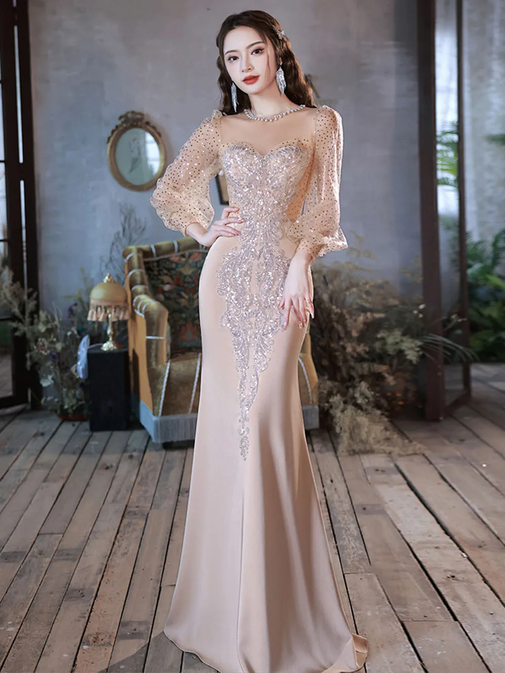 

Elegant Champagne Evening Dress Women's Mesh Pearl Beading Collar Sequins Long Lantern Sleeve Vestido Floor Length Mermaid Dress