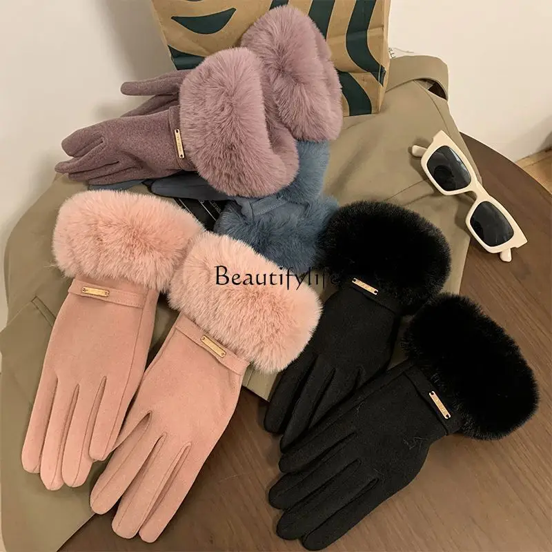 

New German plush women's gloves outdoor winter warm windproof plush thickened warm finger gloves