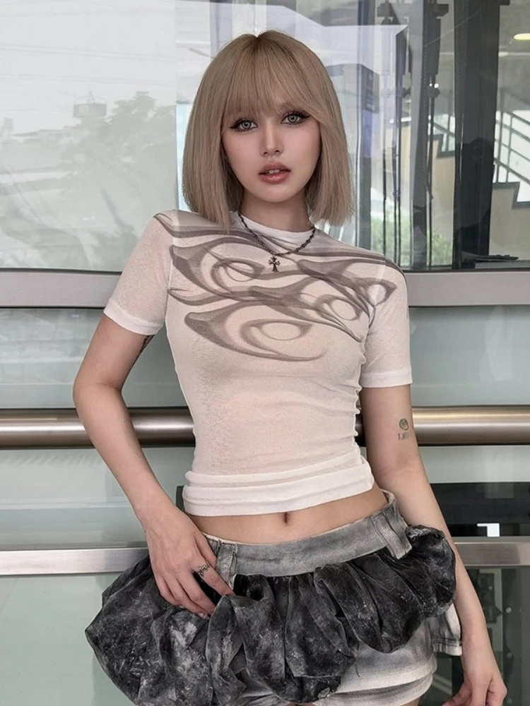 Creativity Printing T Shirts For Women Streetwear O-neck Crop Top Y2k Accessories Short Sleeve Camisetas Slim Fit Ropa De Mujer