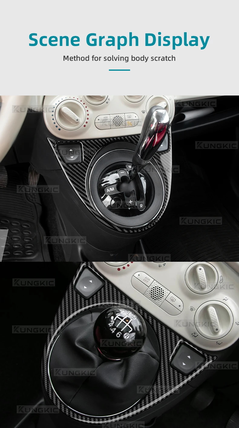 Für Abarth 595/695/Fiat 500C 2012-2015, für Fiat 500 2008-2015, echter, weicher Carbonfaser-Aufkleber, LHD RHD AT/MT, Zierleiste für Schaltknauf – Detail 9