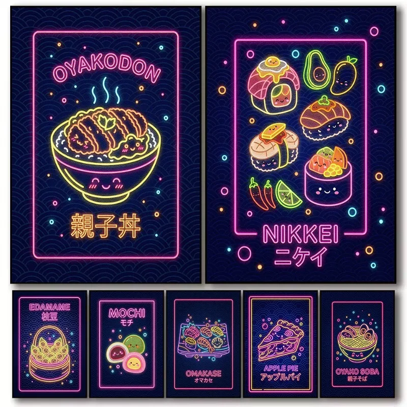 1pc frameless Canvas Painting Retro Japanese Food Matcha Ramen Bowl Sashimi Kawaii Illustration Poster Canvas Painting Wall Pict