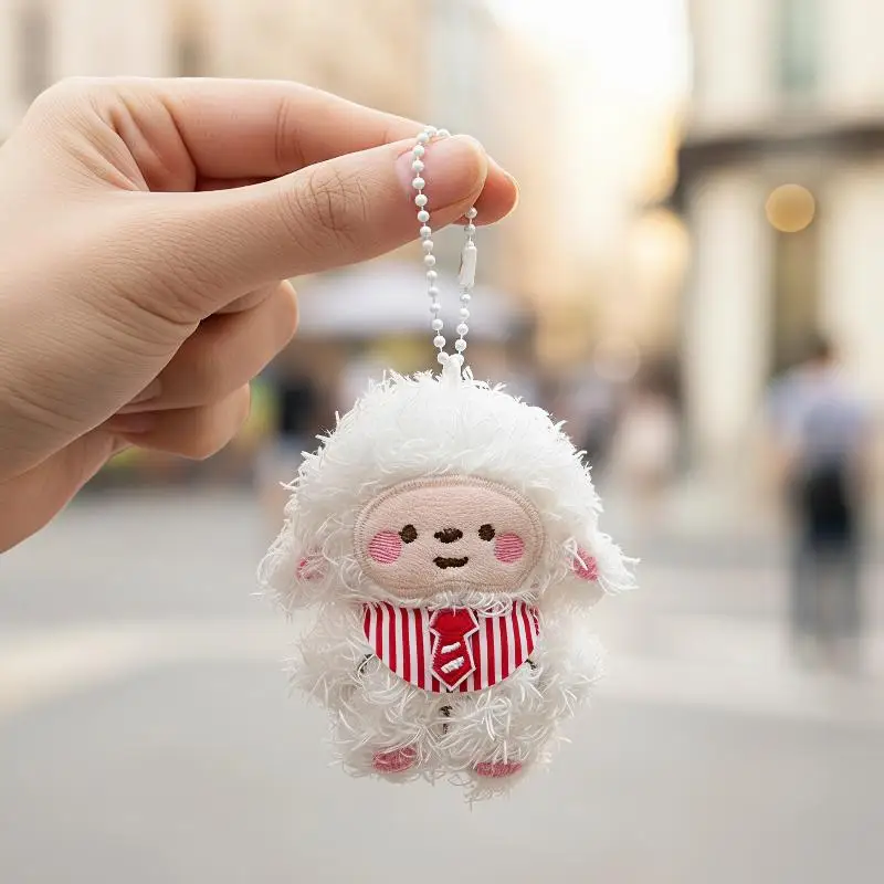 Cute Soft Fluffy Plush Sheep Pendant Striped Vest Tie Design Adorable Keyring Charm for Kids Girls Party Souvenir