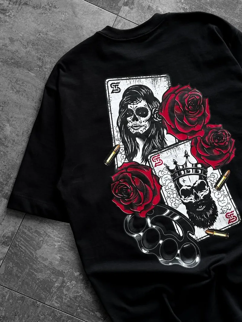 

European and American retro skull print pattern men short-sleeved y2k hip-hop Gothic style T-shirt high street trend loose shirt