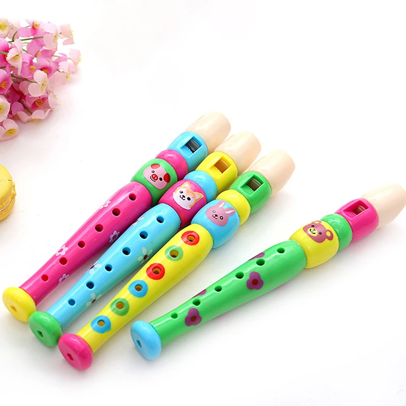 1PC Kids Wooden Flute Toys Cartoon 6-Holes Flute Sound Woodwind Musical Instrument Toy for Children Gift Random Color