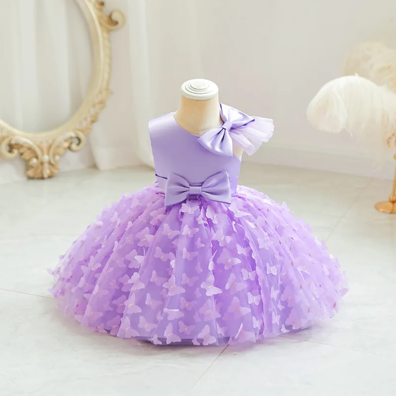 

Purple Sleeveless Bow Princess Dress Butterfly Print Tutu Girl Birthday Dress Children Kids Clothes Child Vestido Dress