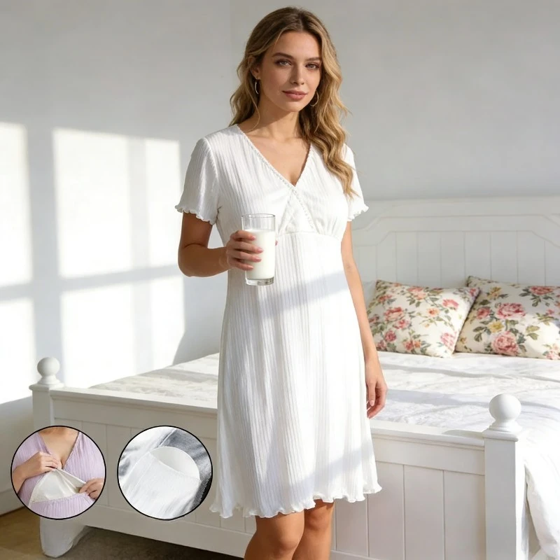 

Новая комфортная повседневная ночная сорочка для кормящих мам со встроенным бюстгальтером, легкая послеродовая пижама, платье средней длины 2026 года