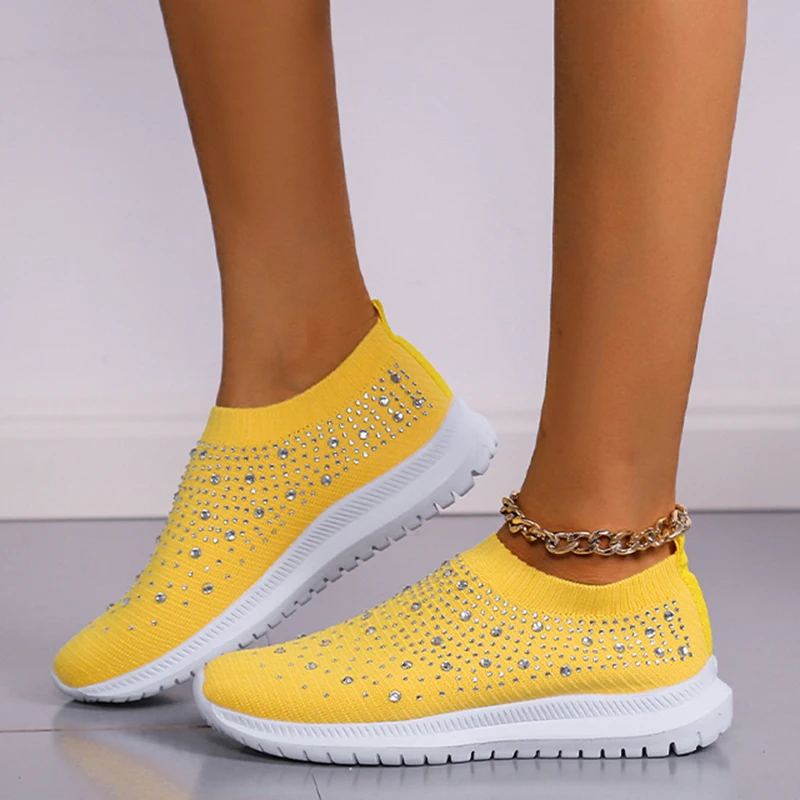 Rimocy Shiny Crystal Knitted Sneakers for Women Plus Size Light Slip on Flats Shoes Woman Casual Soft Bottom Sock Shoes Ladies