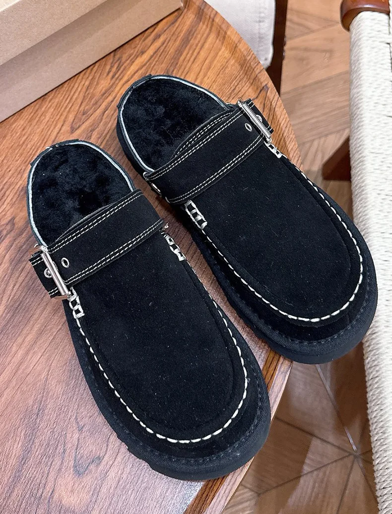 Neue Damen-Schlappen aus Rindsleder und Wolle, Schneestiefel mit Zehenkappe, erhöhte Sohle, warm, stoßdämpfend, dicke Sohle, lässig, für Paare – Detail 12