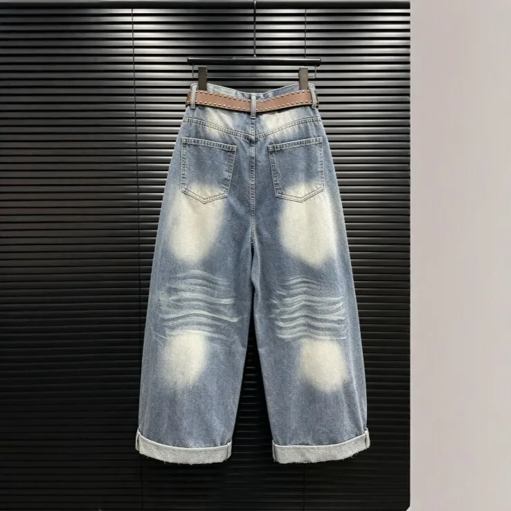 Washed Finish Wide Leg Belt Workwear Pants with Whiskering Frayed Hem Tiger Wash No Stretch Regular Thickness Women Pants
