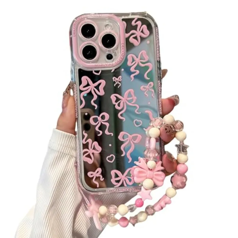 

Compatible with iPhone 12 Pro Max Case Pattern Shiny Mirror Case Soft TPU Frame 2-in-1, with Beaded Wrist Strap, Shockproof, An