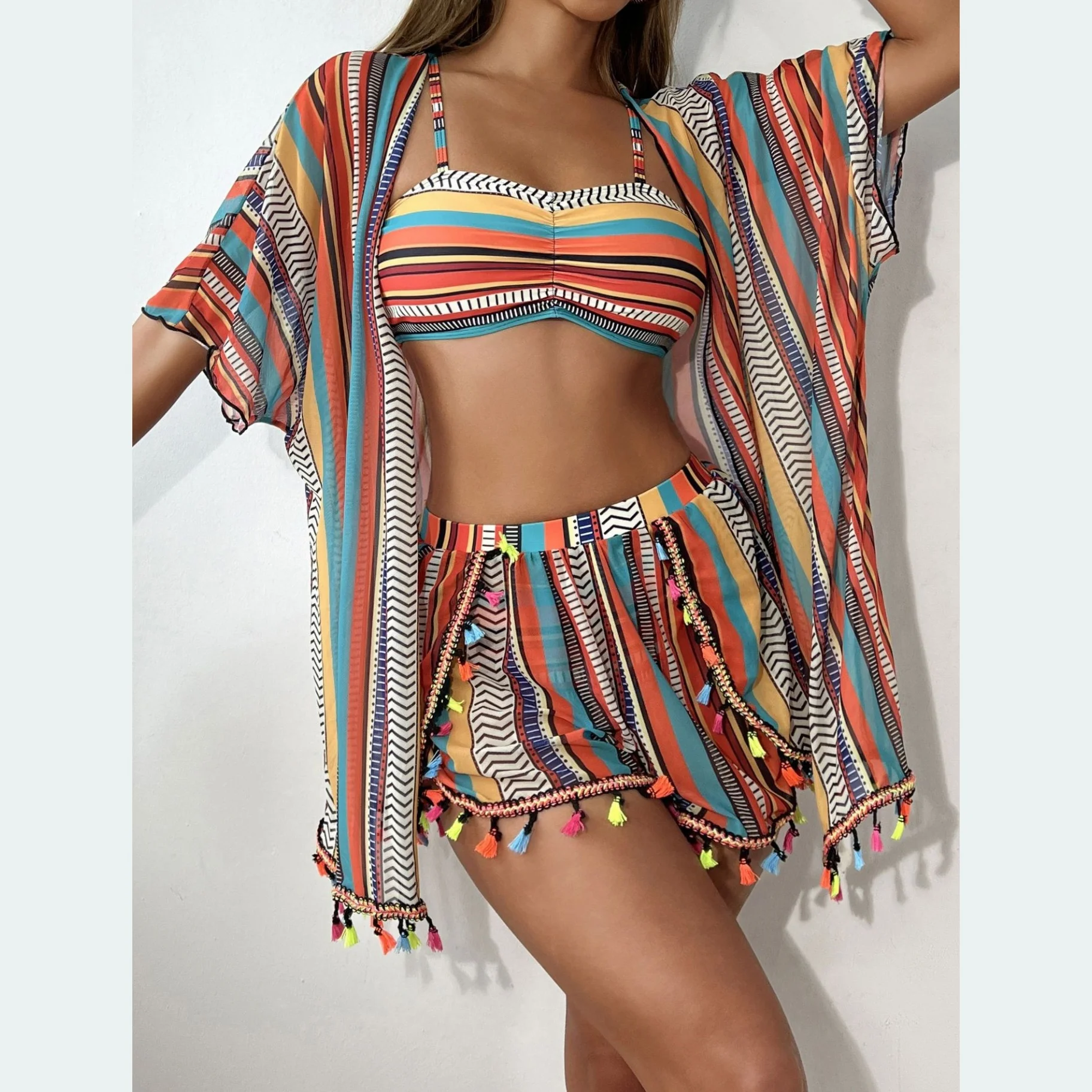 

3 pcs Bikini Set With Coverups,Women Trendy Neck Halter Bikini Split Set Sexy Printed Swimwear for Women