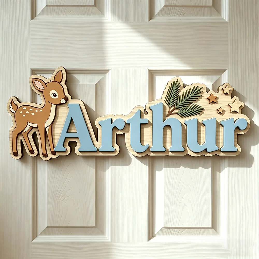 Personalized Deer & Star Name Sign for The Dearest Baby, Cute Green Themed Kids Room Woodland Animal Decor